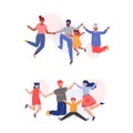 Happy Family Member Jumping with Joy Together and Holding Hands Vector Set Royalty Free Stock Photo