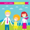 Happy family members parents and their daughter. Lovely cartoon characters on nature sunny summer day background