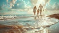 Happy family of Mom, Dad, and child runs along the beach on their summer vacation. Royalty Free Stock Photo