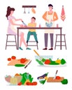 Happy family mom dad and son cooking in kitchen vector illustration. Preparing family dinner