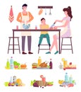 Happy family mom dad and son cooking in kitchen vector illustration. Prepearing family dinner