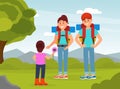 Happy family of mom, dad and son hiking with backpacks. Parents and kid having good time outdoors cartoon vector