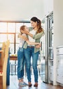 Happy family, mom and daughter in home with hug, affection and trust in bonding for memory as preteen. Cheerful woman Royalty Free Stock Photo