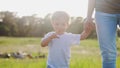 happy family mom and son a hold hands walk park. mother and son kid together hands at sunset. kid dream concept. parent