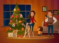 Happy family mom, dad and doughter dresses up Christmas tree. The boy unwinds the garland. Family in Christmas sweaters Royalty Free Stock Photo