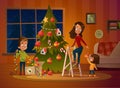 Happy family mom and two children dresses up Christmas tree. The boy unwinds the garland. Family in Christmas sweaters