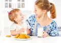 Happy family mother and baby daughter girl at breakfast: biscuits with milk Royalty Free Stock Photo