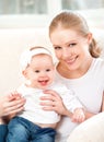 Happy family. Mother and baby daughter at home on the sofa Royalty Free Stock Photo