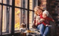 Happy family mother and baby playing and laughing at window in f Royalty Free Stock Photo