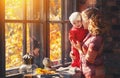 Happy family mother and baby playing and laughing at window in f Royalty Free Stock Photo