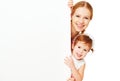 Happy family mother child daughter with blank white poster Royalty Free Stock Photo