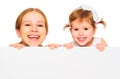 Happy family mother child daughter with blank white poster Royalty Free Stock Photo