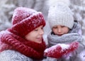 Happy family mother and child daughter having fun, playing at winter walk outdoors Royalty Free Stock Photo