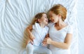 Happy family mother and child daughter laugh in bed Royalty Free Stock Photo