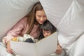 Happy family mother and daughter read a book on bed in bedroom, Asian family loving concept Royalty Free Stock Photo