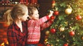 Happy family mother and child girl decorated Christmas tree