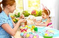 Happy family mother and child girl paints eggs for Easter Royalty Free Stock Photo