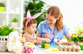 Happy family mother and child girl paints eggs for Easter Royalty Free Stock Photo