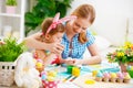 Happy family mother and child girl paints eggs for Easter Royalty Free Stock Photo