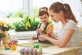 Happy family mother and child girl paints eggs for Easter Royalty Free Stock Photo