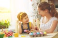 Happy family mother and child girl paints eggs for Easter Royalty Free Stock Photo