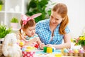 Happy family mother and child girl paints eggs for Easter Royalty Free Stock Photo