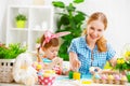 Happy family mother and child girl paints eggs for Easter Royalty Free Stock Photo