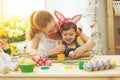 Happy family mother and child girl paints eggs for Easter Royalty Free Stock Photo