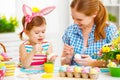 Happy family mother and child girl paints eggs for Easter Royalty Free Stock Photo