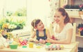 Happy family mother and child girl paints eggs for Easter Royalty Free Stock Photo