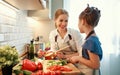 Happy family mother with child girl preparing vegetable salad