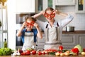 Happy family mother with child girl preparing vegetable salad