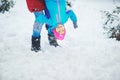 a happy family. mother and three children playing in the winter forest Royalty Free Stock Photo