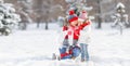 Happy family mother and child on winter walk drinking tea Royalty Free Stock Photo