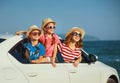 Happy family mother and children girls goes to summer travel trip in car Royalty Free Stock Photo