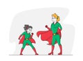 Happy Family Mother and Daughter Characters Wearing Superhero Costumes Posing and Demonstrate Power. Theater Performance Royalty Free Stock Photo