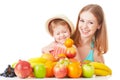 Happy family mother and daughter little girl, eat healthy vegetarian food, fruit isolated Royalty Free Stock Photo