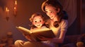 Happy family mother and daughter read a book in the evening at home Royalty Free Stock Photo