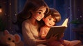 Happy family mother and daughter read a book in the evening at home Royalty Free Stock Photo