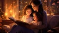 Happy family mother and daughter read a book in the evening at home Royalty Free Stock Photo