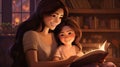 Happy family mother and daughter read a book in the evening at home Royalty Free Stock Photo