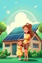 happy family of mother and daughter stay by eco friendly house with solar panel, renewable energy concept, generative AI Royalty Free Stock Photo