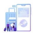 Happy Family Mother, Father and Child Characters Booking Tickets and Hotel Using Online Mobile Application for Travelers Royalty Free Stock Photo