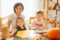 Happy family mother father and children in costumes and makeup on a celebration of Halloween Happy Halloween concept Royalty Free Stock Photo