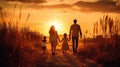 Happy family: mother, father, children son and daughter on nature on sunset Royalty Free Stock Photo