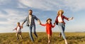 Happy family: mother, father, children son and daughter on nature  on sunset Royalty Free Stock Photo