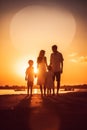 Happy family: mother, father, children son and daughter on sunset AI generated