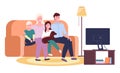 Happy family mother, father, daughter, son and dog watching tv sitting together at sofa at home Royalty Free Stock Photo