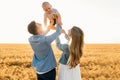 Happy family, mother, father and little child on the ripe wheat field Royalty Free Stock Photo