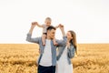 Happy family, mother, father and little child on the ripe wheat field Royalty Free Stock Photo